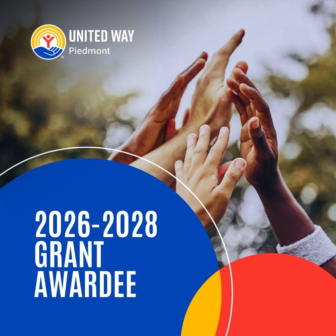 Graphic celebrating 2026-2028 Grant Awardee through United Way Piedmont showing a group of hands in the air